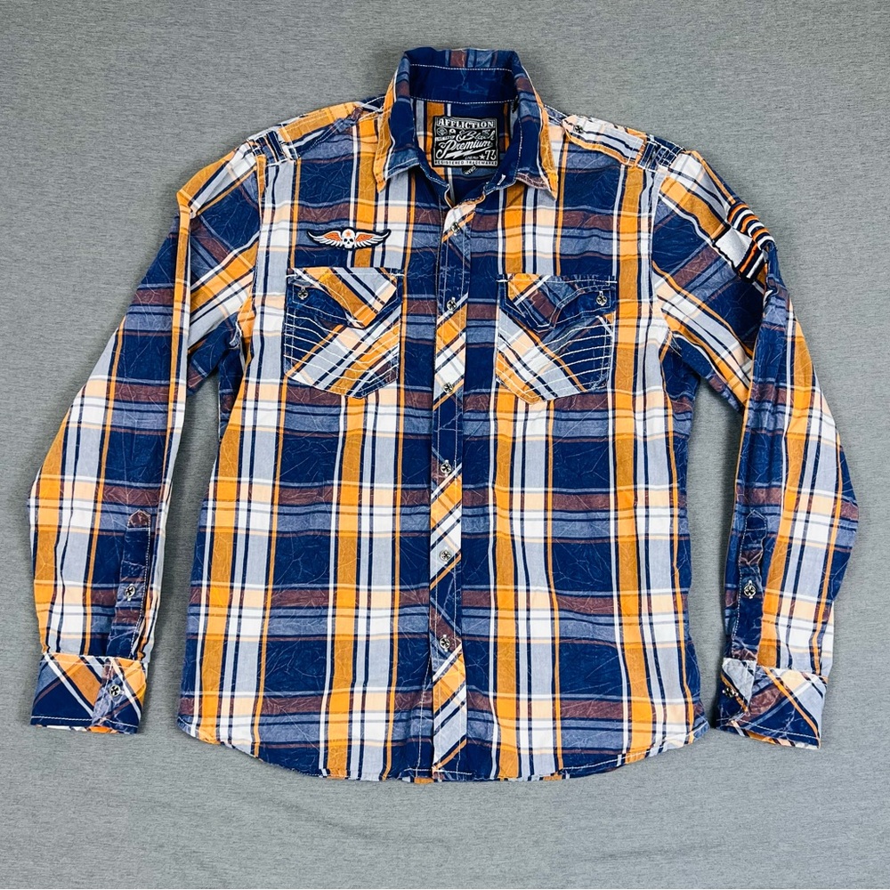 Affliction Blue and Orange Plaid Button Down Shirt